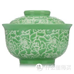 山田烧盖碗 创意陶瓷保温碗(5英寸)绿色釉带盖面碗 玫瑰